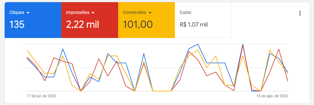 Painel do Google Ads: 135 cliques, 2,22 mil impressões, 101 conversões e R$ 1,07 mil de custo