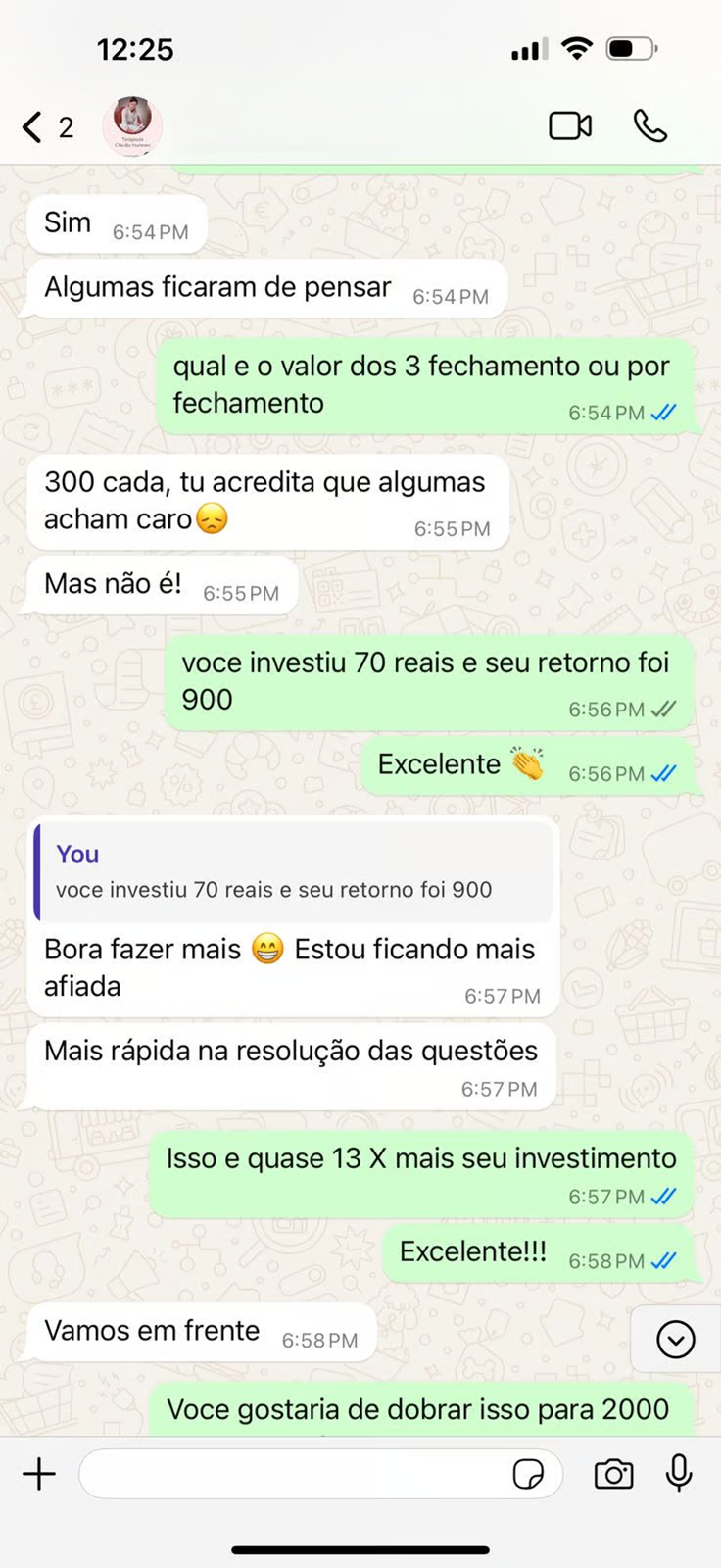Print real de conversa no WhatsApp com resultado de cliente, prova 1 de 5